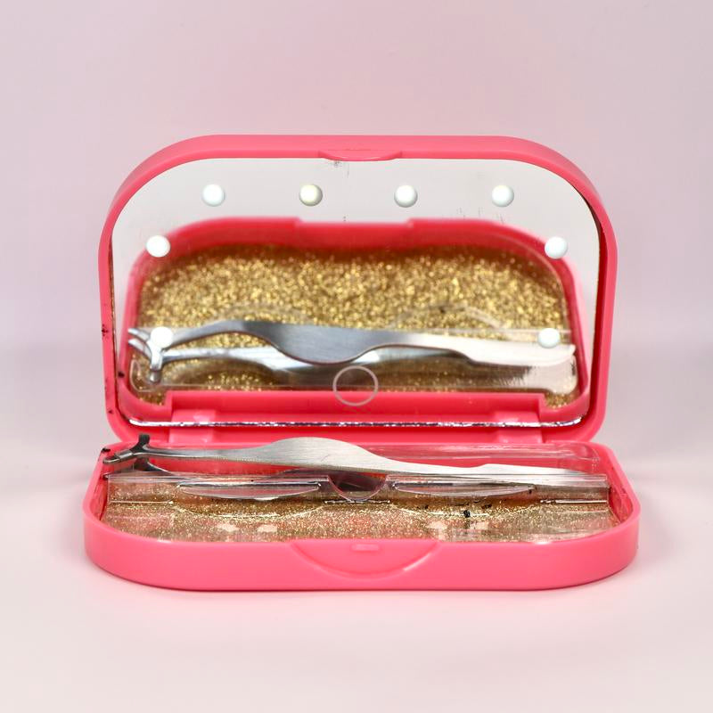 Mezi Cosmetics LED Travel Mirror with Lash Tray Pink, Foldable & Portable Makeup Tool
