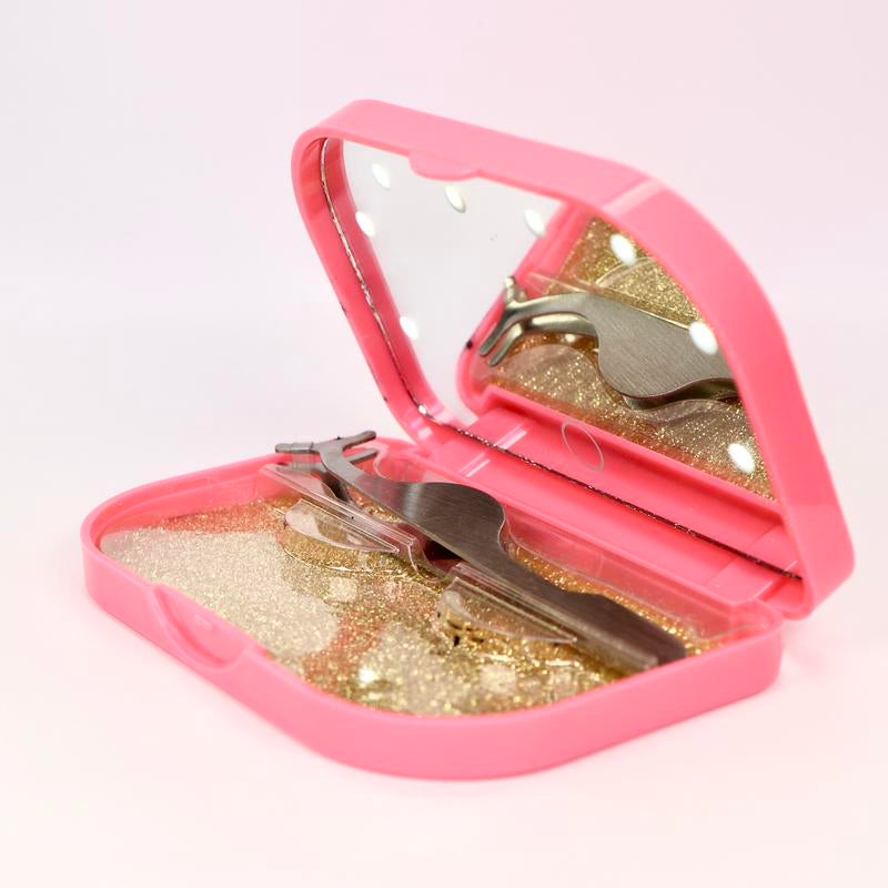 Mezi Cosmetics LED Travel Mirror with Lash Tray Pink, Foldable & Portable Makeup Tool
