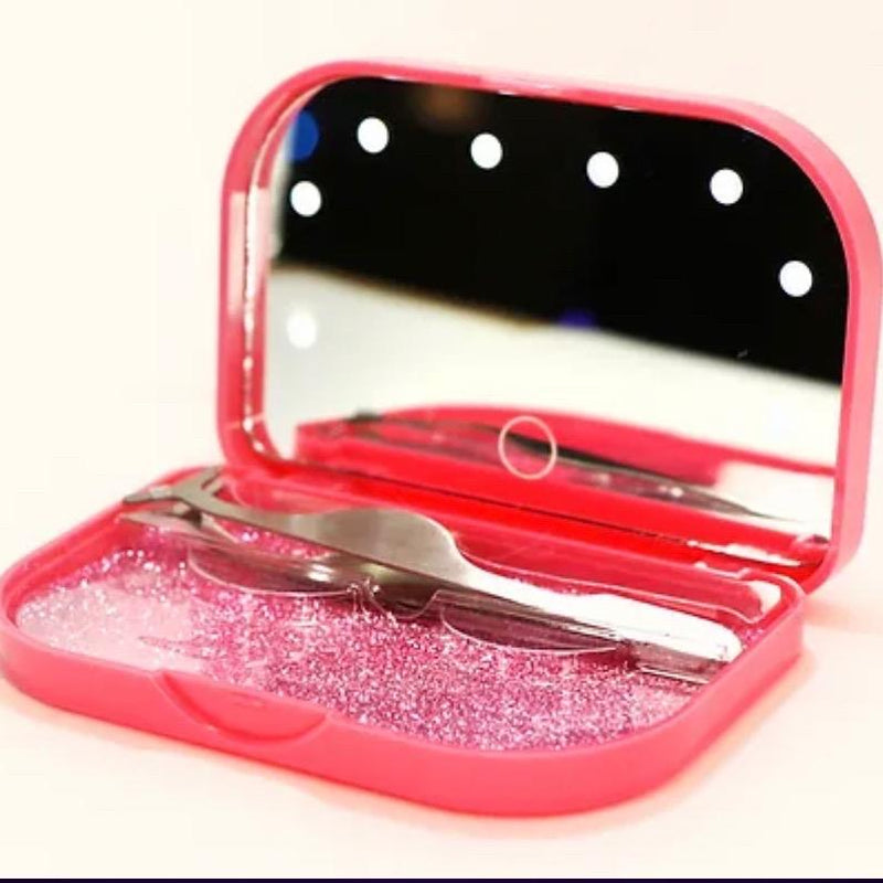 Mezi Cosmetics LED Travel Mirror with Lash Tray Pink, Foldable & Portable Makeup Tool