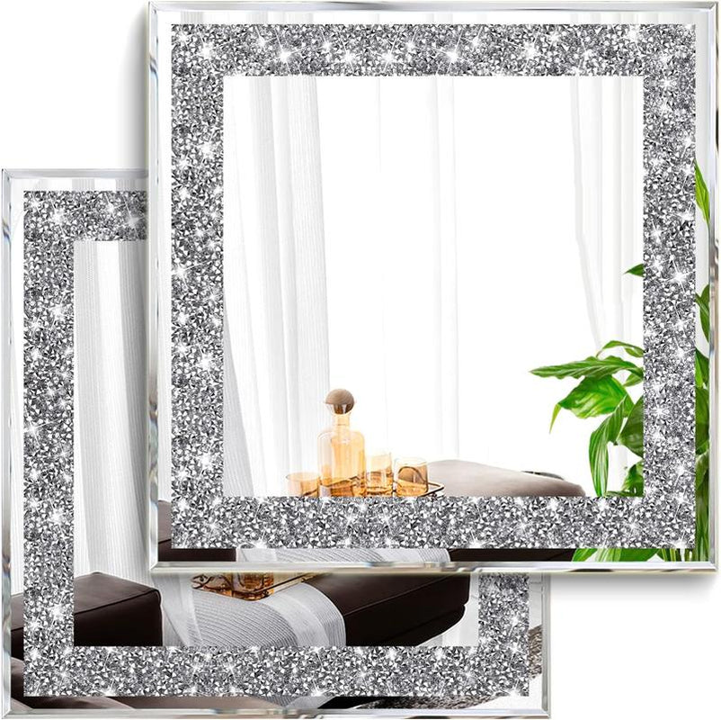 2 Piece Wall Mirrors, Crush Diamond Mirrors Decor, Silver Decorative for Living Room Bedroom, Bathroom. (12”X12”) Hanging Set Crystal Circle