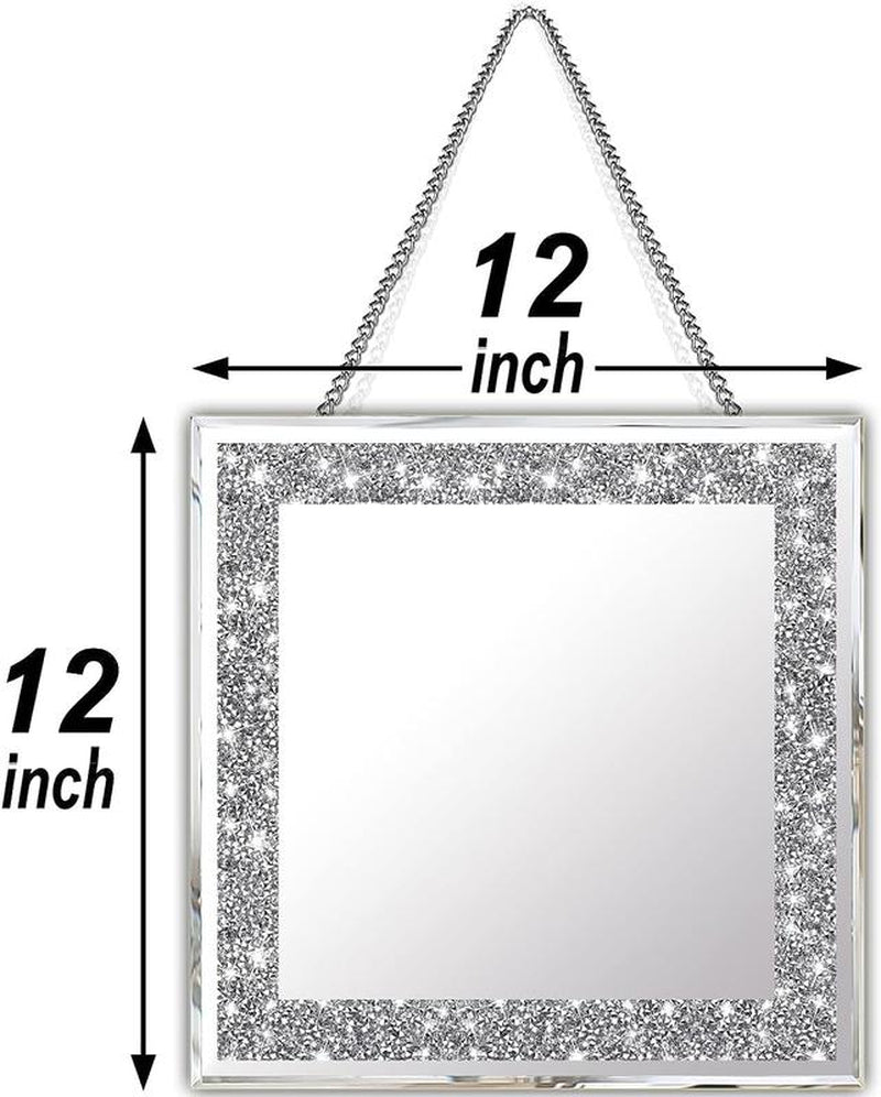 2 Piece Wall Mirrors, Crush Diamond Mirrors Decor, Silver Decorative for Living Room Bedroom, Bathroom. (12”X12”) Hanging Set Crystal Circle