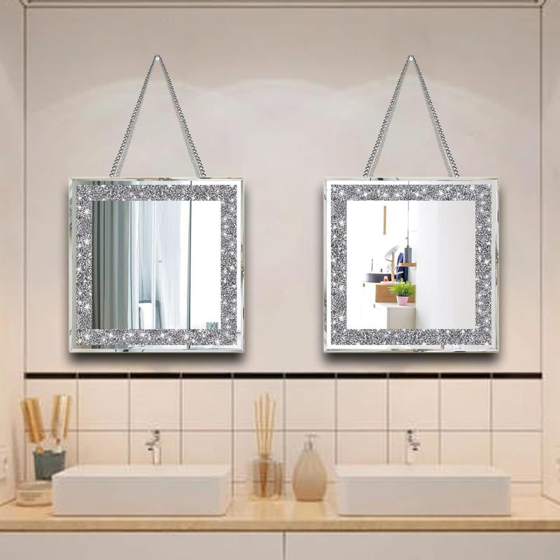 2 Piece Wall Mirrors, Crush Diamond Mirrors Decor, Silver Decorative for Living Room Bedroom, Bathroom. (12”X12”) Hanging Set Crystal Circle