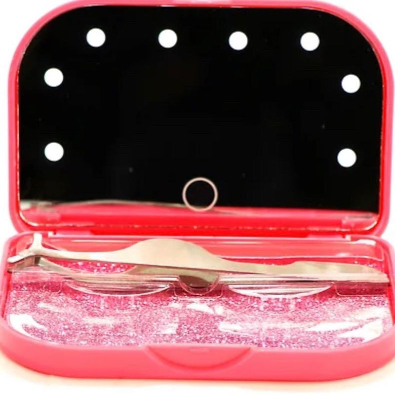 Mezi Cosmetics LED Travel Mirror with Lash Tray Pink, Foldable & Portable Makeup Tool