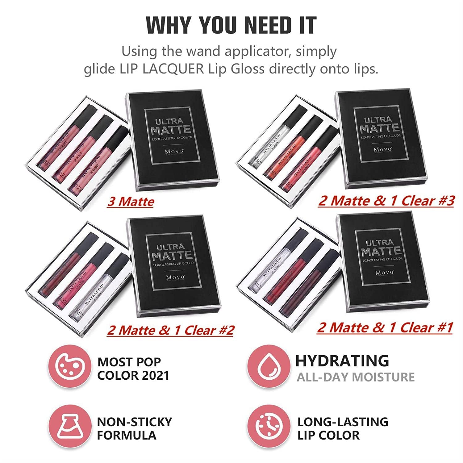 3Pcs Liquid Lipstick Set – 2Pcs Ultra Matte +1Pc Clear Lip Gloss Set,Lip Stain Long Lasting Waterproof Non-Stick Cup Nude Liquid Lipstick Gift Set for Women(2 Matte & 1 Clear #1)
